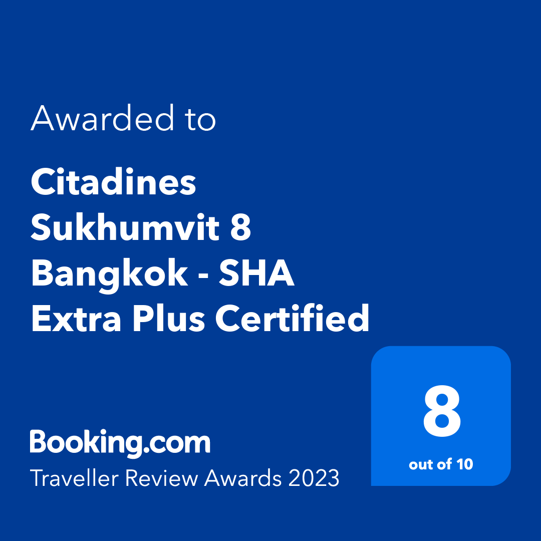 <strong>Traveller Review Awards 2023 (2023 年旅行者点评奖)</strong></br>Citadines Sukhumvit 8 Bangkok 荣获 Booking.com 颁发的 2023 年旅行者点评奖。